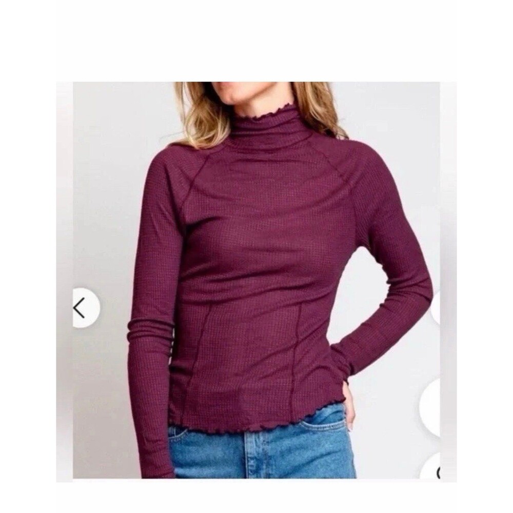 Intimately Free People XS Mock Neck Burgundy Maroon Lettuce Hem Thermal shirt